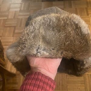 Men's unisex Brown Tweed Winter Hat with real Fur Trim